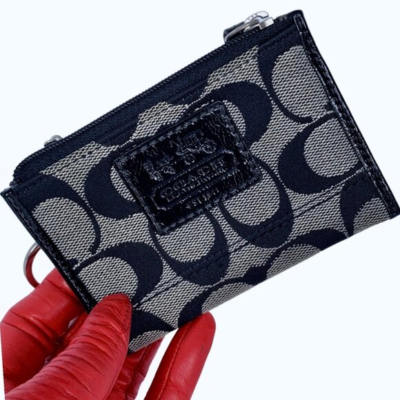 Coach NEW Leather and Jacquard Mini Skinny ID/Coin Purse/Key Ring - Picture 3 of 8